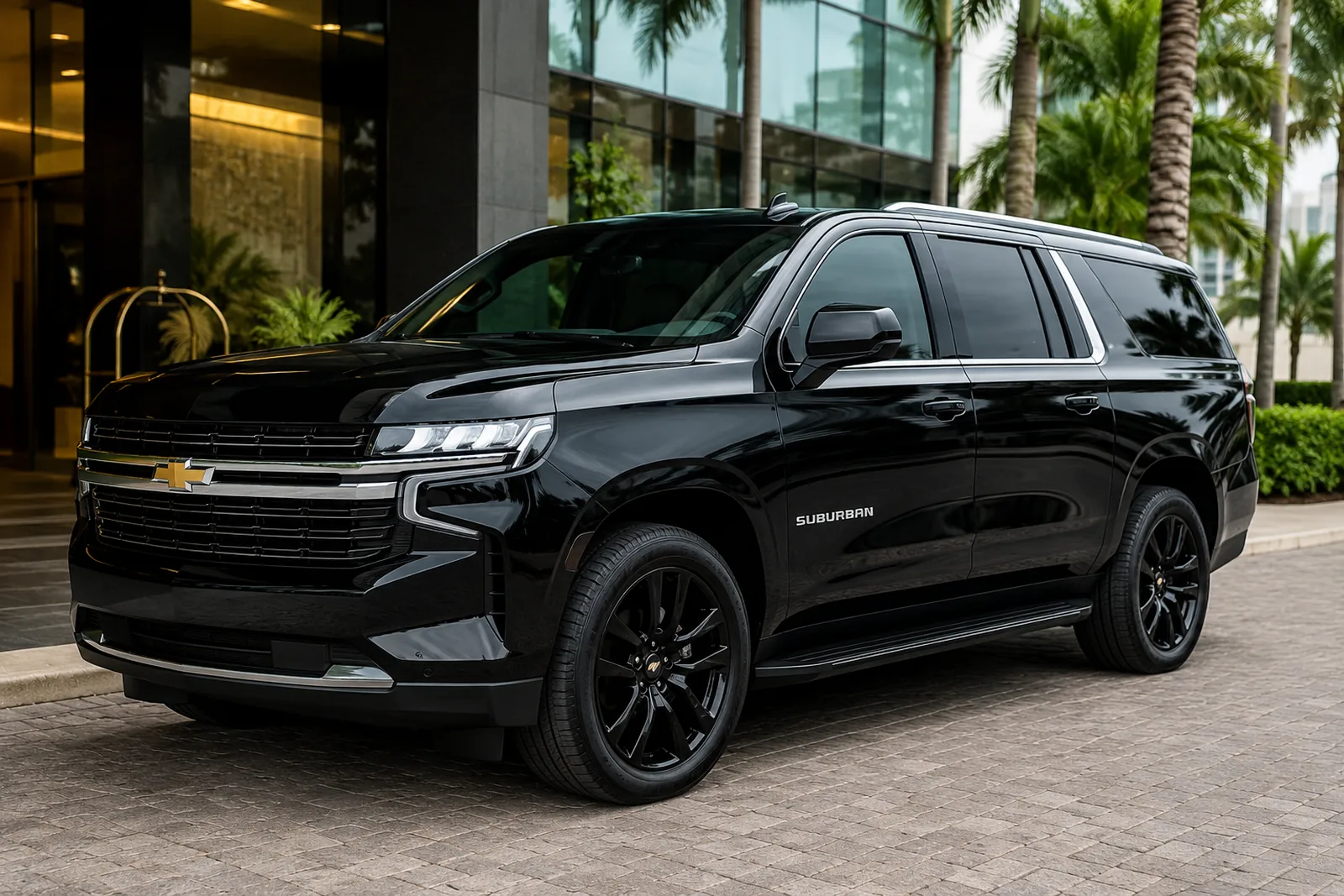 Black Chevrolet Suburban parked outside a modern hotel entrance in South Florida