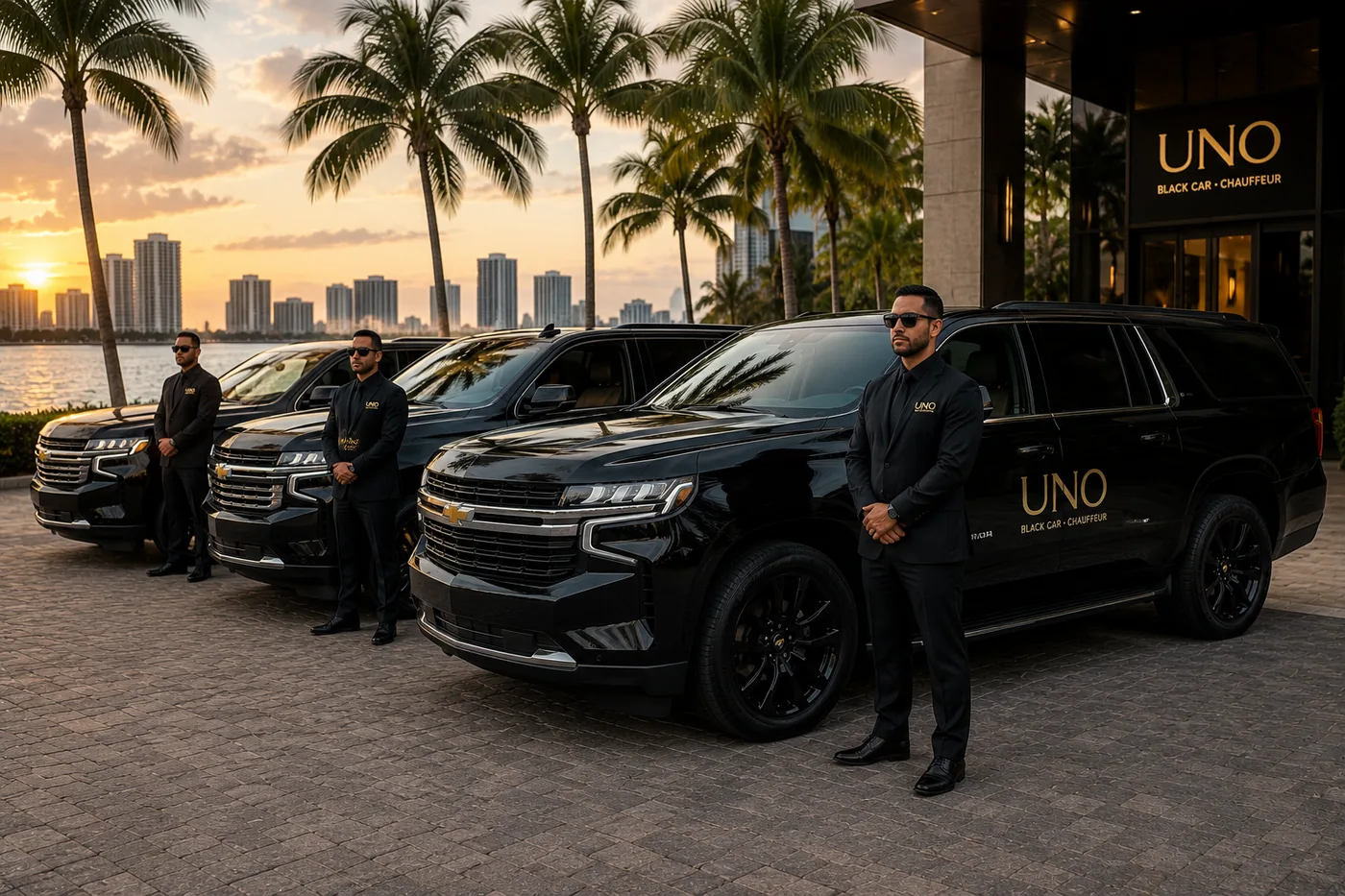 UNO chauffeurs standing beside black Chevrolet Suburbans outside a hotel entrance at dusk