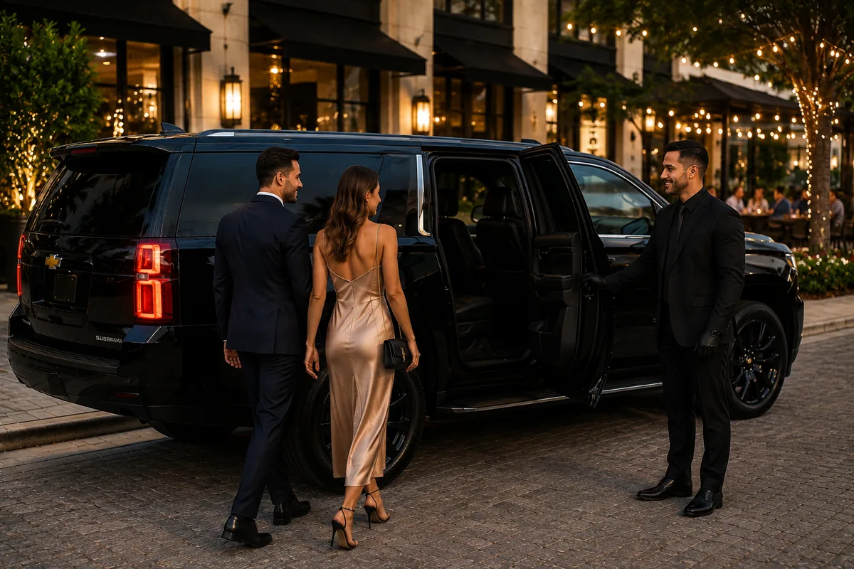 Chauffeur holding the door of a black Suburban as a couple arrives for dinner outside a restaurant
